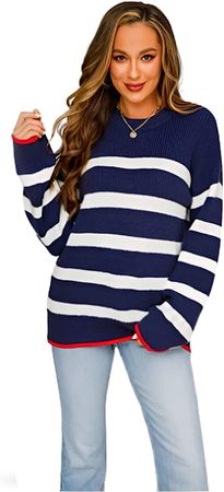 Women Stripe Color Block Short Sweater Lantern Long Sleeve Stitching Color Crew Neck Loose Knitted Pullovers Jumper Tops at Amazon Women’s Clothing store