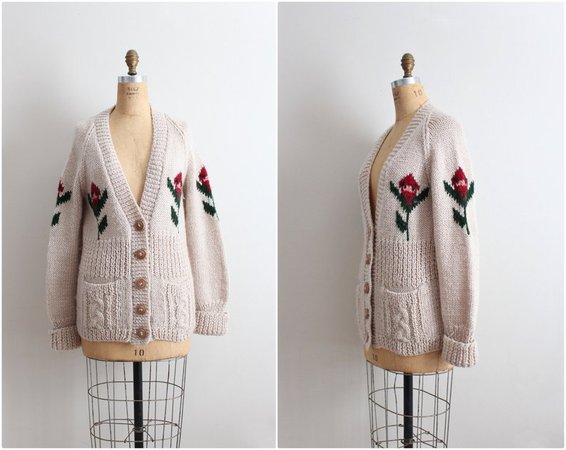 Vintage Floral Knit Cardigan Sweater/ 70s Boyfriend Sweater | Etsy