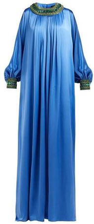 Crystal Embellished Silk Blend Satin Gown - Womens - Blue Multi