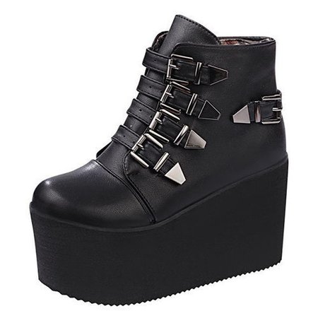 Punk womens gothic buckle straps Wedge High Heel platform Creeper round toe Zip Side Ankle Boots shoes | Wish