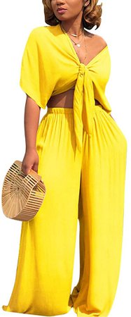 Amazon.com: Aro Lora Women's 2 Piece Outfit Jumpsuit Short Sleeve V Neck Tie up Crop Top Wide Leg Pant Set Romper X-Large Yellow : Clothing, Shoes & Jewelry