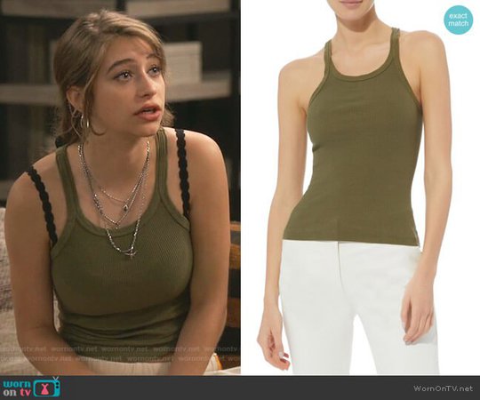 WornOnTV: Shannon’s green ribbed tank top and striped sweatpants on Fam | Odessa Adlon | Clothes and Wardrobe from TV
