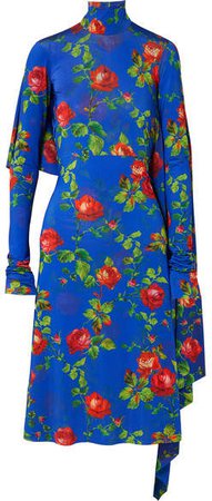 Open-back Draped Floral-print Stretch-crepe Dress - Blue