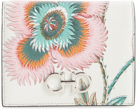 Double Gancino Papavero Floral Print Leather French Wallet