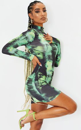 Green Tie Dye Print Slinky Long Sleeve Bodycon Dress | PrettyLittleThing