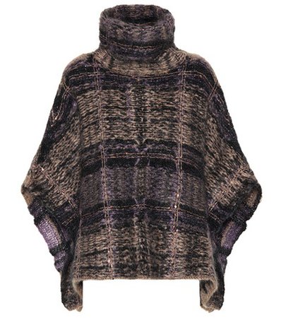 Checked mohair-blend poncho