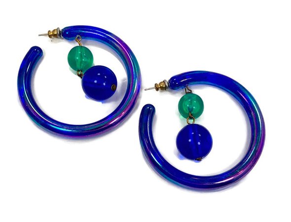 Hoop Earrings Blue Teal Big Earrings Vintage Earrings | Etsy