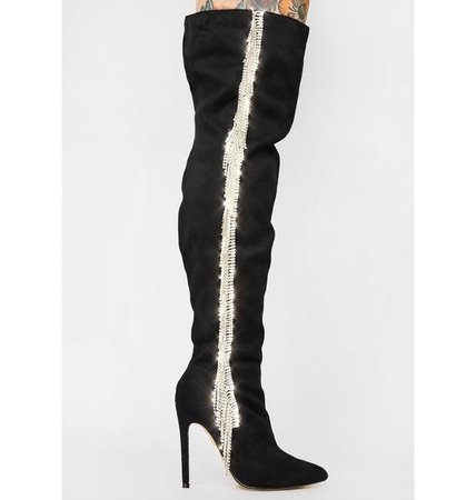 Faux Suede Rhinestone Fringe Knee High Boots
