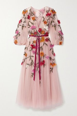 Organza-appliqued Velvet-trimmed Tulle Midi Dress - Blush