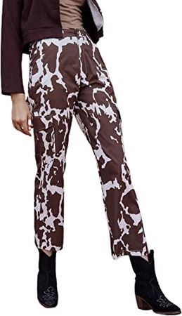 WDIRARA Women's Cow Print High Waist Cargo Pants Casual Pants with Pockets at Amazon Women’s Clothing store
