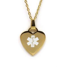 Medical Alert Necklace, Gold Toned Steel Heart