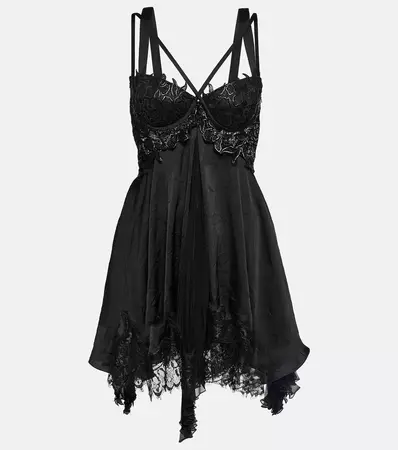 Lace Trimmed Satin Minidress in Black - Versace | Mytheresa