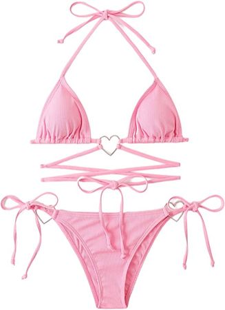 Amazon.com: Milumia Women Two Piece Heart Ring Linked Bikini Set Lace Up Tie Halter Swimsuit : Clothing, Shoes & Jewelry
