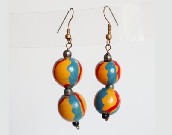 70s Yellow/Blue/Red Dangle Earrings // Wood | Etsy
