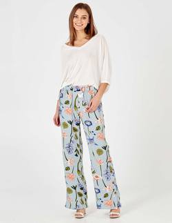 MIRANDA - Floral Print Button Side Pale Blue Trousers