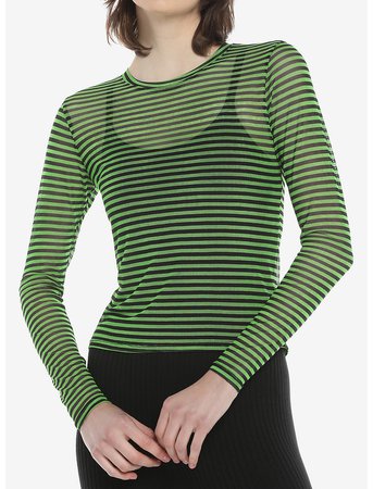 Green & Black Stripe Mesh Girls Long-Sleeve Top