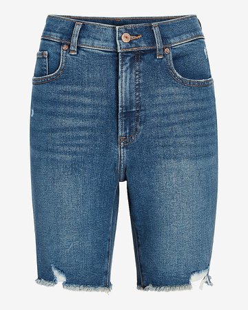 High Waisted Medium Wash Bermuda Jean Shorts | Express