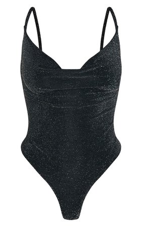 Black Glitter Lurex Cowl Neck Bodysuit | Tops | PrettyLittleThing