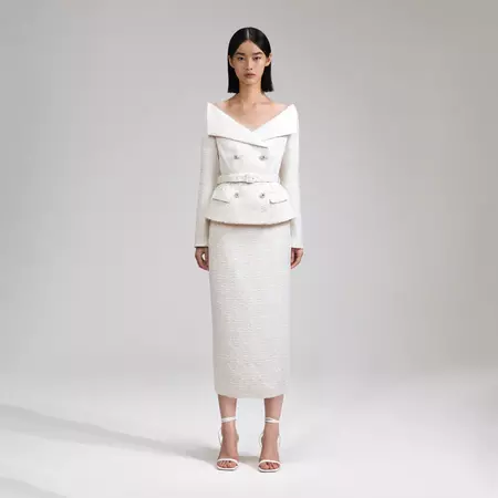 Cream Off Shoulder Boucle Midi Dress | self-portrait-US