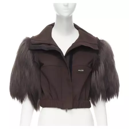 MIU MIU 2006 Runway brown logo goat fur sleeve cropped zip up jacket IT38 XS For Sale at 1stDibs | brown cropped zip up, cropped brown zip up, miu miu crop jacket