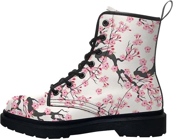 Amazon.com | Cherry Blossom Boots for Women Men Combat Boots Vegan Leather Boots Pink Flower Floral Japanese Vintage Work Boots Shoes for Boy Girl,Size 3.5 Men/5 Women Black | Outdoor