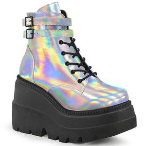 Silver Hologram Vegan Leather Lace Up Wedge Platform Ankle Boots By De