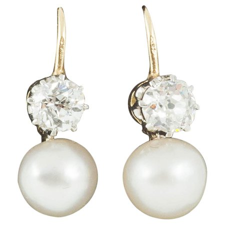 Earrings, Pair of Diamond and Natural Pearl Earrings, English, circa 1900 For Sale at 1stdibs