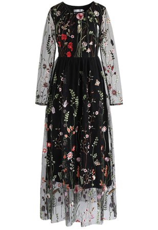 Lost in Flowering Fields Embroidered Mesh Maxi Dress in Black - Retro, Indie and Unique Fashion