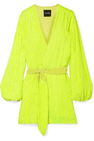 Retrofête | Gabrielle neon velvet-trimmed sequined chiffon mini wrap dress | NET-A-PORTER.COM
