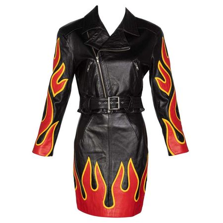 Michael Hoban North Beach Leather Black Red Flames Jacket Skirt Set, 1990s
$1,600