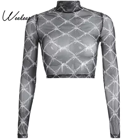 Weekeep Sexy Perspective Long Sleeve t shirt Women Mesh Print Streetwear Crop Top Summer Bodycon Fashion tee shirt femme Tops -in T-Shirts from Women's Clothing on Aliexpress.com | Alibaba Group