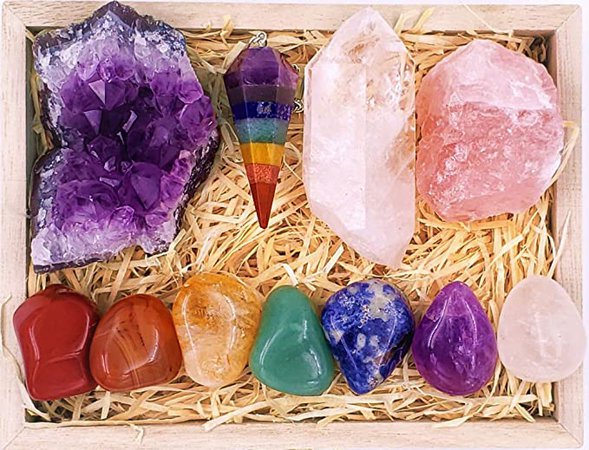 Amazon.com: Premium Healing Crystals Kit in Wooden Box - 7 Chakra Set Tumbled Stones, Rose Quartz, Amethyst Cluster, Crystal Points, Chakra Pendulum + 82 Page E-Book + 20x6 Reference Guide Poster, Ribbon Bow : Health & Household