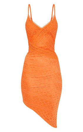 Bright Orange Lace Asymmetric Midi Dress | PrettyLittleThing USA