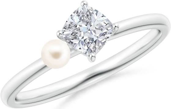 Freshwater Pearl & Tilted Cushion Diamond 2-Stone Grande Engagement Ring