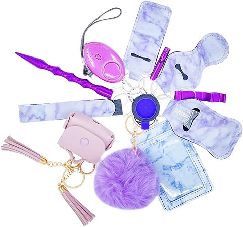 Safety Keychain Set for Woman With Case Cove Compatible with Apple Airpods pro/3/AirTags, Alarm, Card Holder, WindowBreaker, bottle opener, Lip Balm Lanyard, Whistle, hand sanitizer holder(Purple) at Amazon Men’s Clothing store
