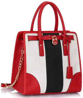 LS00336 - Black /White / Red Metal Frame Tote Bag