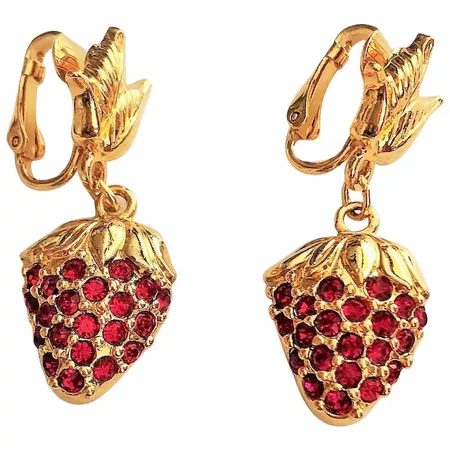 AVON - Strawberry Clip On Earrings with Pretty Red Rhinestones : Toby the Golden Hero Jewelry | Ruby Lane