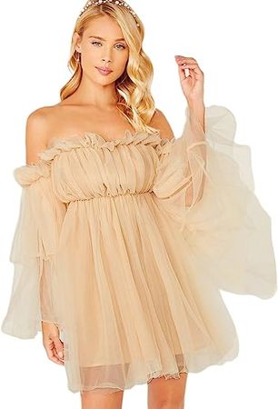 Romwe Women's Romantic Off Shoulder Flounce Long Sleeve Wedding Ruffle Mesh Party Mini Dress at Amazon Women’s Clothing store