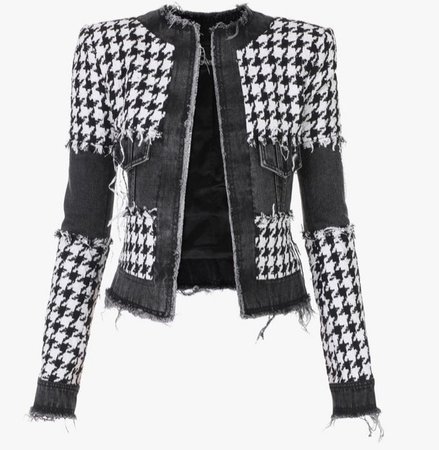Black and white houndstooth tweed and denim suit jacket