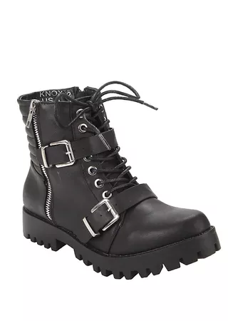 Black Lace-Up & Buckle Strap Ankle Boots