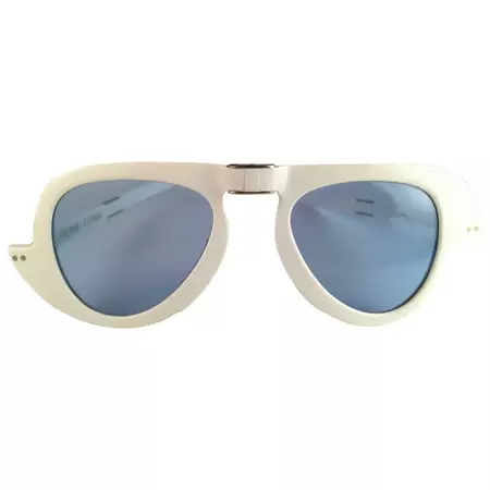 New Vintage Pierre Cardin White Foldable Blue Lens 1960''s sunglasses For Sale at 1stDibs