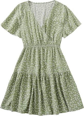 MakeMeChic Women's Plus Size V Neck Floral Print Short Sleeve High Waist Dress Mint Green 3XL at Amazon Women’s Clothing store