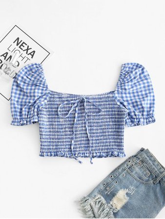 [31% OFF] 2020 ZAFUL Knotted Smocked Gingham Crop Blouse In SLATE BLUE | ZAFUL