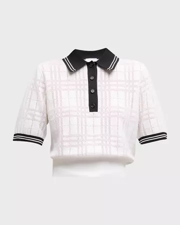 Burberry Elenora Check Pointelle Knit Crop Polo Shirt | Neiman Marcus