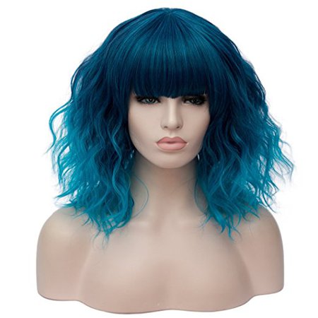 Alacos Fashion 35cm Short Curly Bob Anime Cosplay Wig Daily Party Christmas Halloween Synthetic Heat Resistant Wig for Women +Free Wig Cap (Blue Ombre Brow-Skimming Bangs)