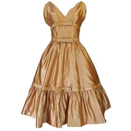 Christian Dior Demi-Couture Gold Bow Detailed Silk Dress, 1957 For Sale at 1stdibs