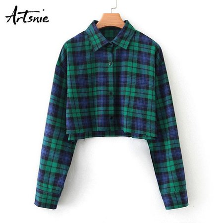 Artsnie Spring 2019 Green Plaid Casual Blouse Women Turn Down Collar Cropped Feminino Streetwear Crop Tops Shirt Blusas Mujer-in Blouses & Shirts from Women's Clothing on Aliexpress.com | Alibaba Group