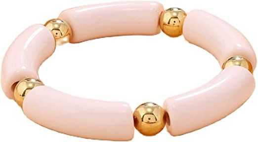 Amazon.com: Beaded Bamboo Tube Disc Bangles Bracelet Chunky Curved Stacking Clear Acrylic Colorful Beads Stretchable Gold Bracelets Gift for Women Friendship Summer Beach Jewelry-Pink: Clothing, Shoes & Jewelry