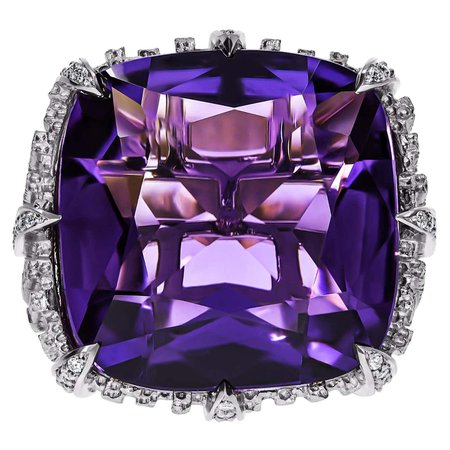 18K White Gold, Amethyst and Diamond Dendritic Ring For Sale at 1stDibs