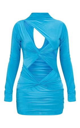 Blue Slinky Cut Out Chest Twist Bodycon Dress | PrettyLittleThing USA